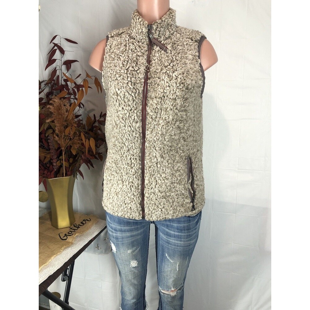 TRUE GRIT Women Vest X-Small Brown Tipped Double Plush Zip & Pockets